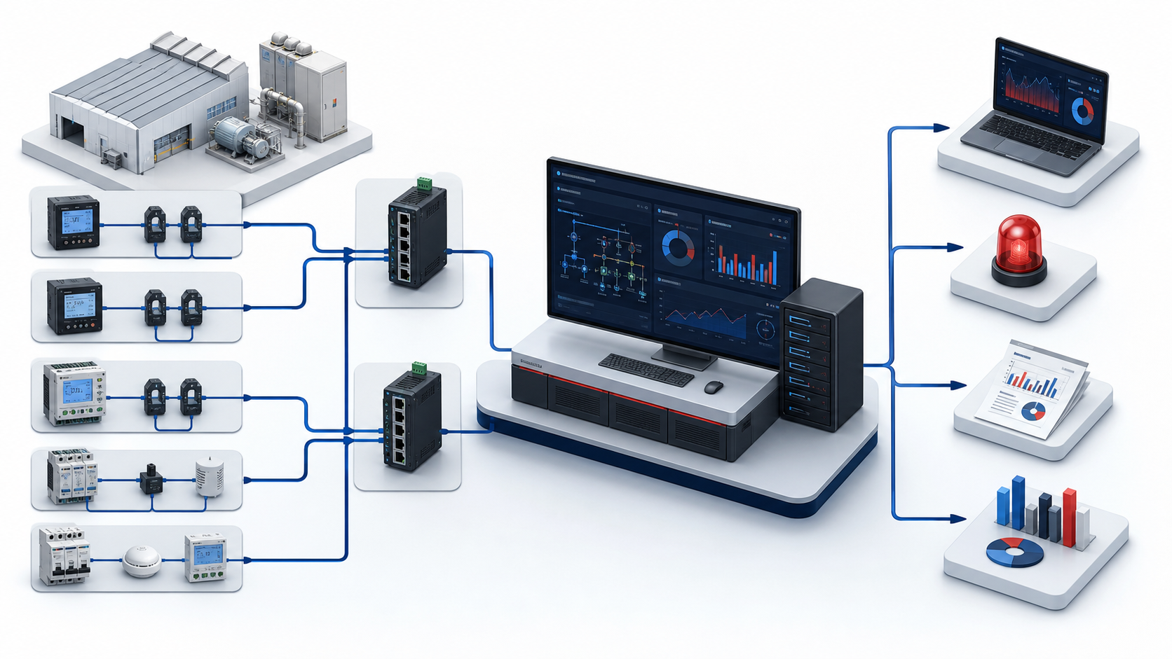 PowerStudio SCADA architecture connecting meters and Modbus devices for monitoring, alarms, reports, and energy analysis